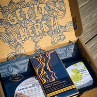 10oz Bag Laurina Washed and 10oz Bag of Barrel-Aged with Chocolate Bar in PT's box